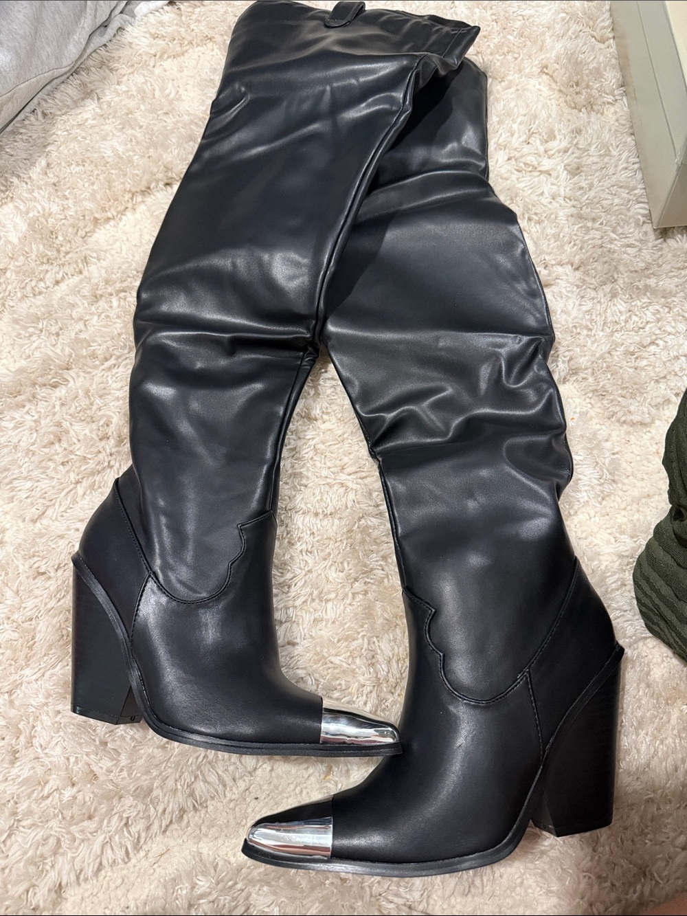 Cape Robbin Black Over-the-Knee Boots with Silver Toe Caps